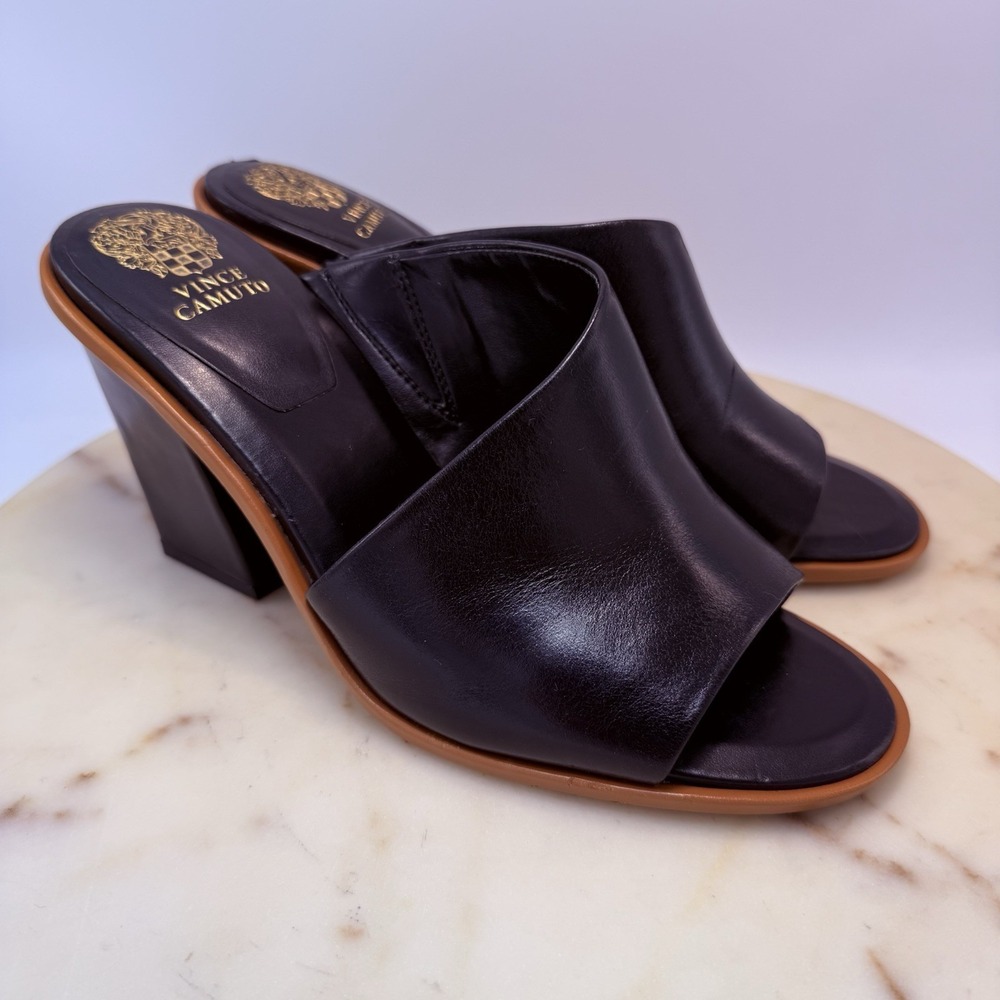 Vince Camuto Fissana Black Leather Peep Toe Block Heel Mules Women's Size 9.5M